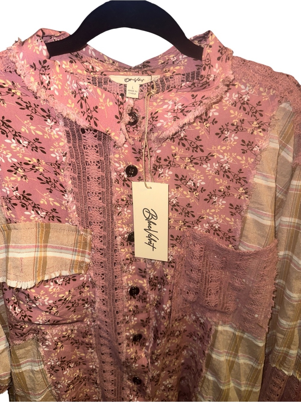 Blue Velvet Lg Boho Chic Floral Button-Up Top - Picture 3 of 6